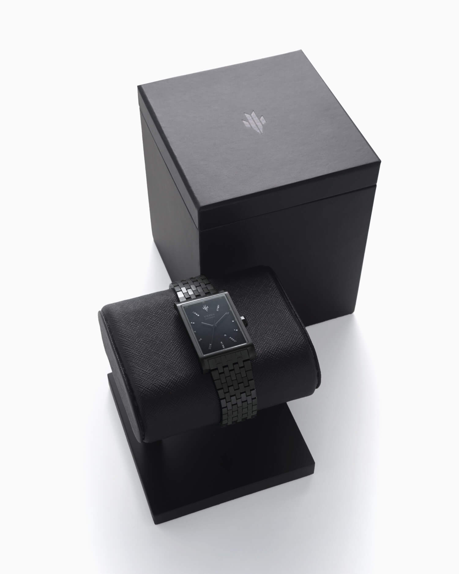VIEREN Black Diamond rectangular watch with signature box set and display stand packaging