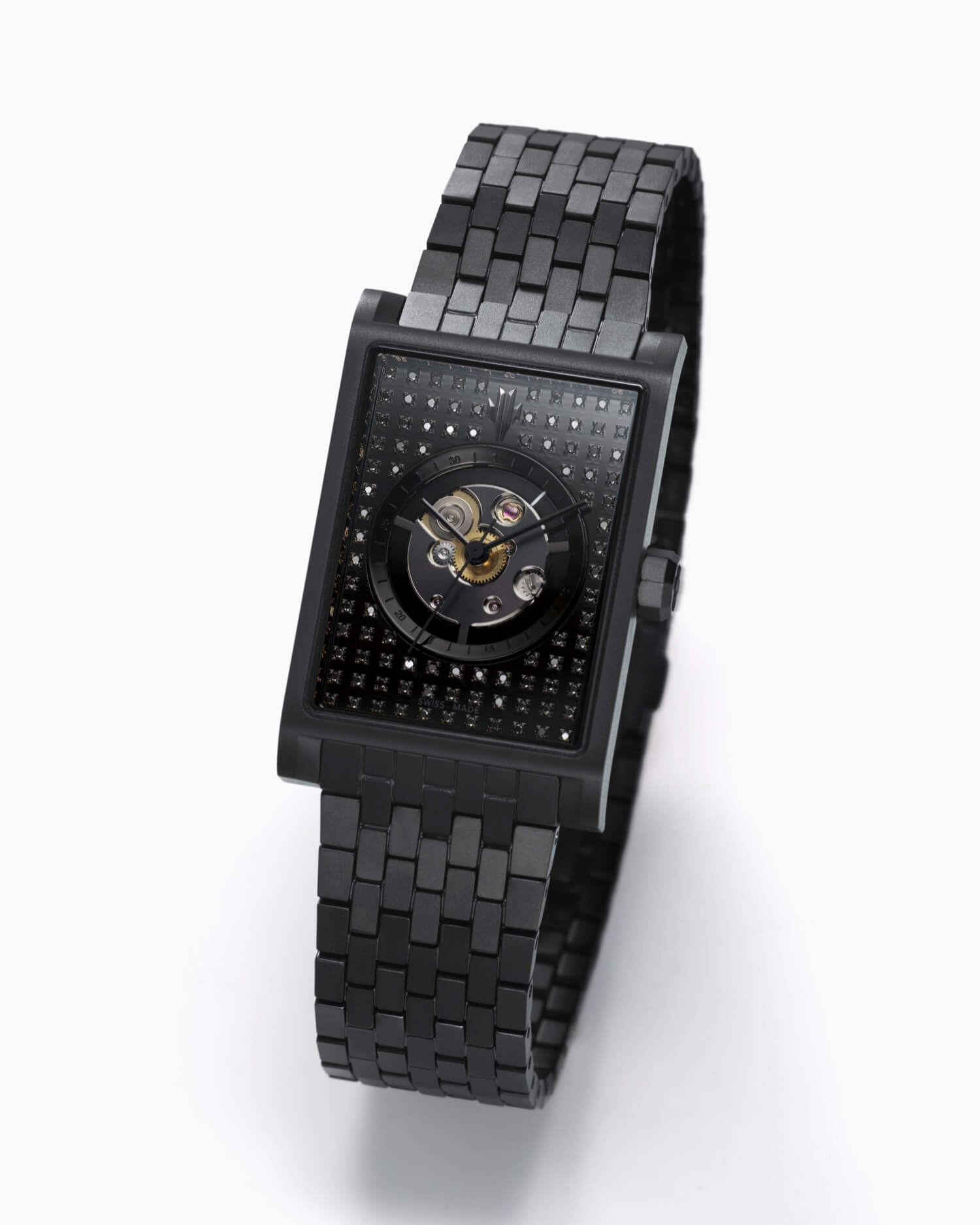 VIEREN Black Stereo Diamond rectangular watch angled view