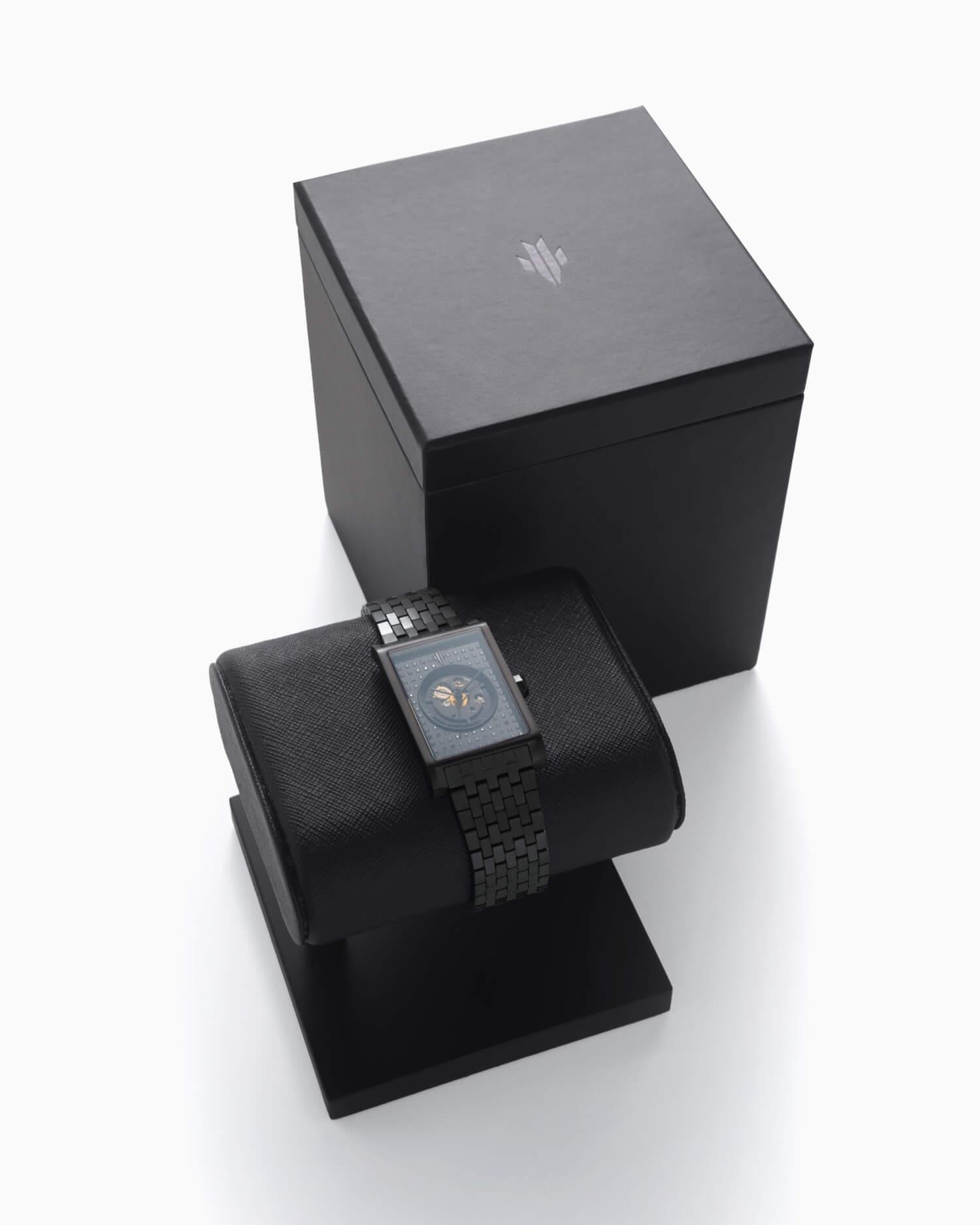 VIEREN Black Stereo Diamond rectangular watch with signature box set and display stand packaging