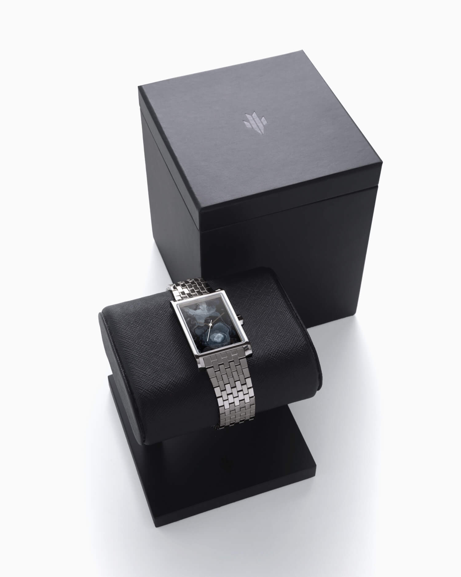 VIEREN x Cosmodernism rectangular watch with signature box set and display stand packaging