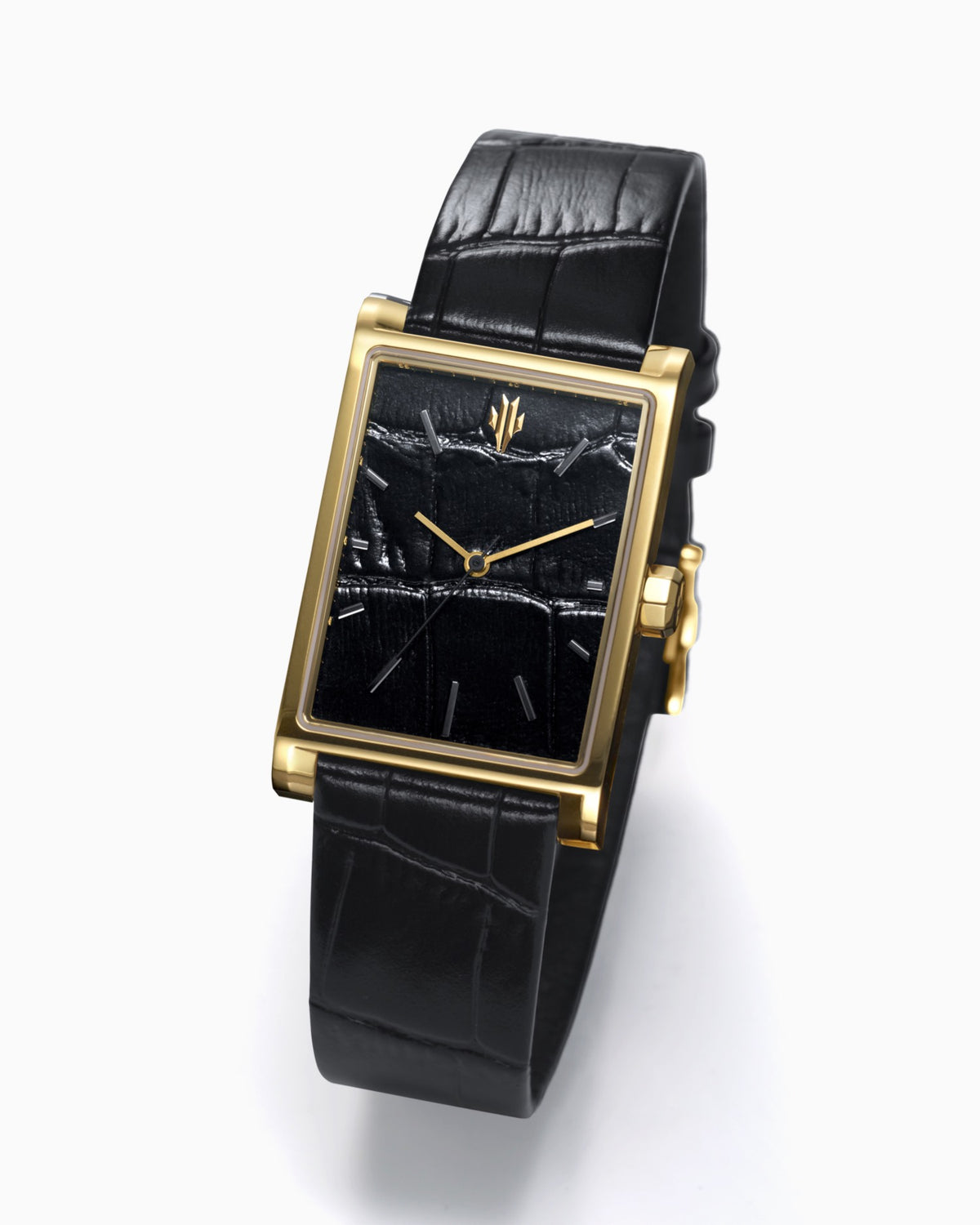 VIEREN Gold Black Croc leather gold rectangular watch angled view