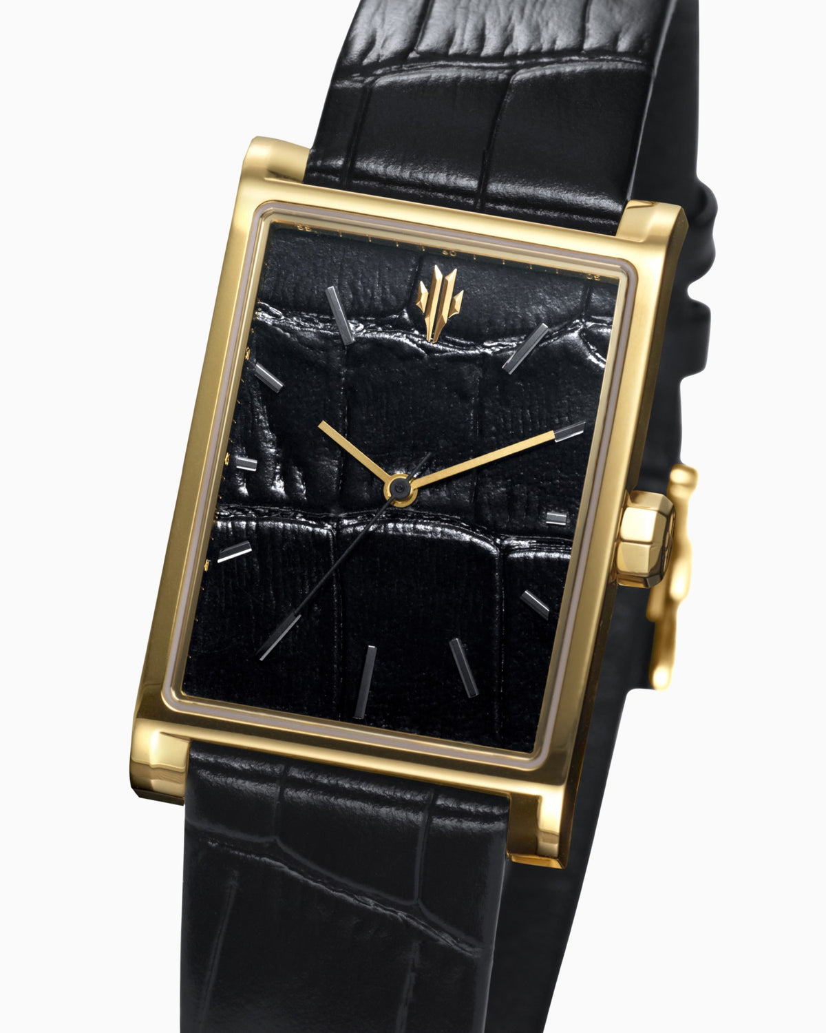 VIEREN Gold Black Croc rectangular watch with genuine leather dial and strap