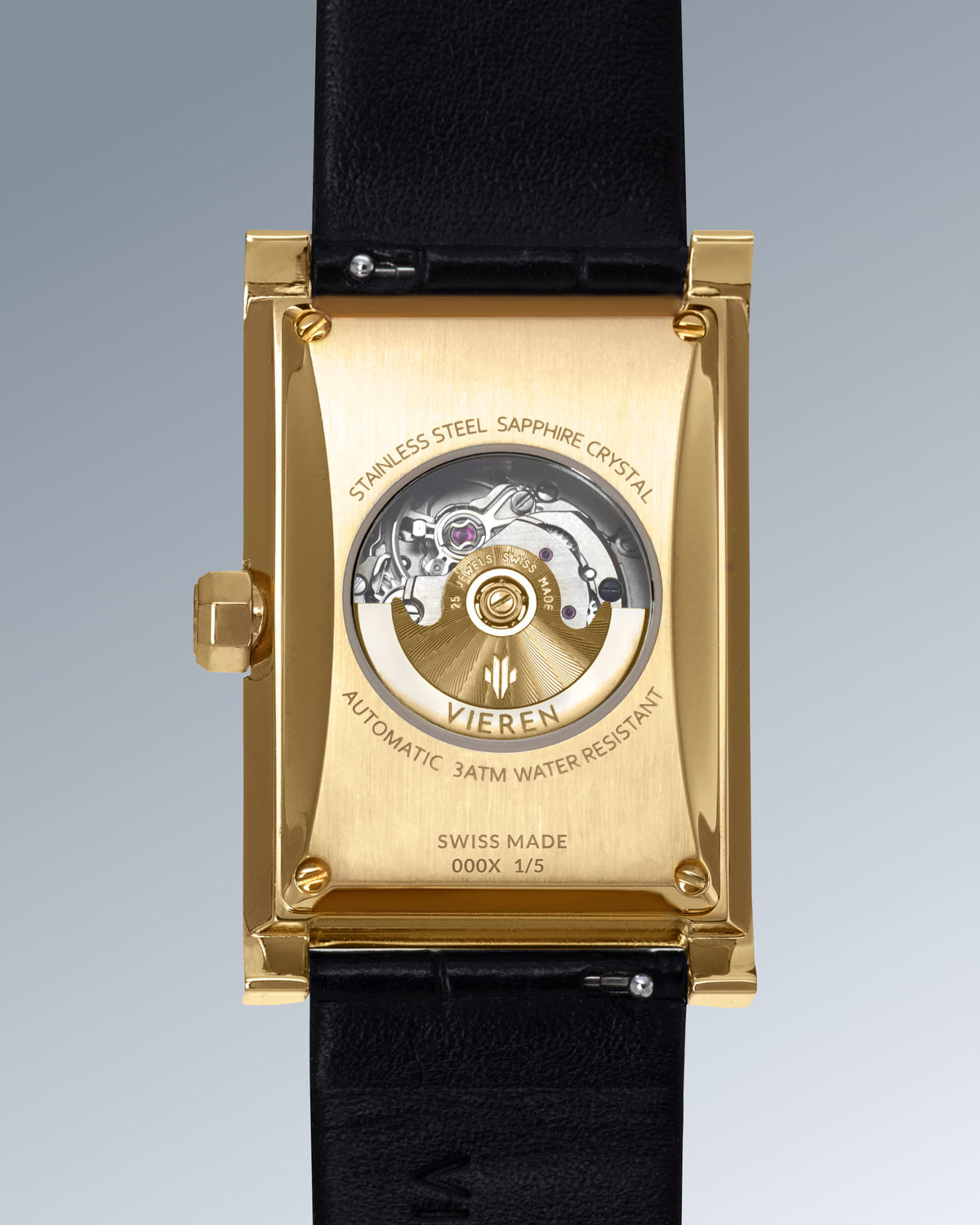 IEREN Gold Black Croc leather gold rectangular watch caseback with Swiss Made ETA 2671 automatic movement and gold rotor
