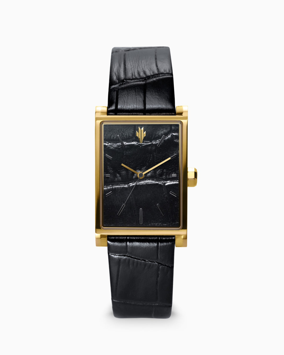 VIEREN Gold Black Croc leather gold rectangular watch front view