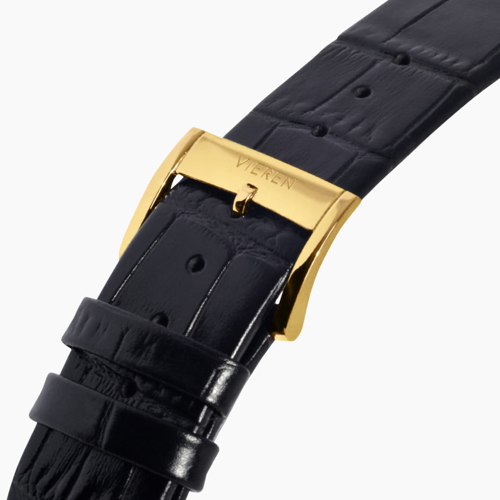 VIEREN Gold Black Croc black leather strap with engraved gold ardillon buckle
