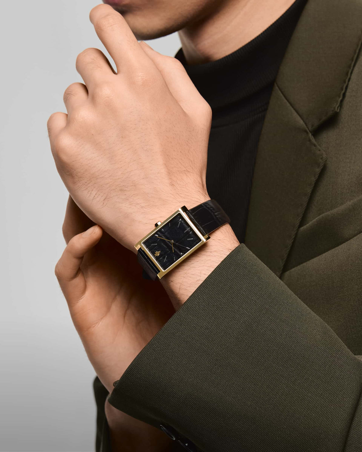 VIEREN Gold Black Croc leather men's gold rectangular watch with olive blazer