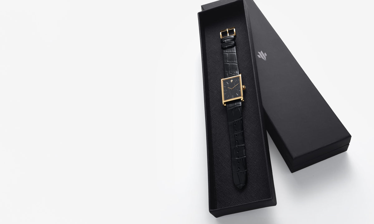VIEREN Gold Black Croc leather gold rectangular watch presented in valet tray and black watch box packaging