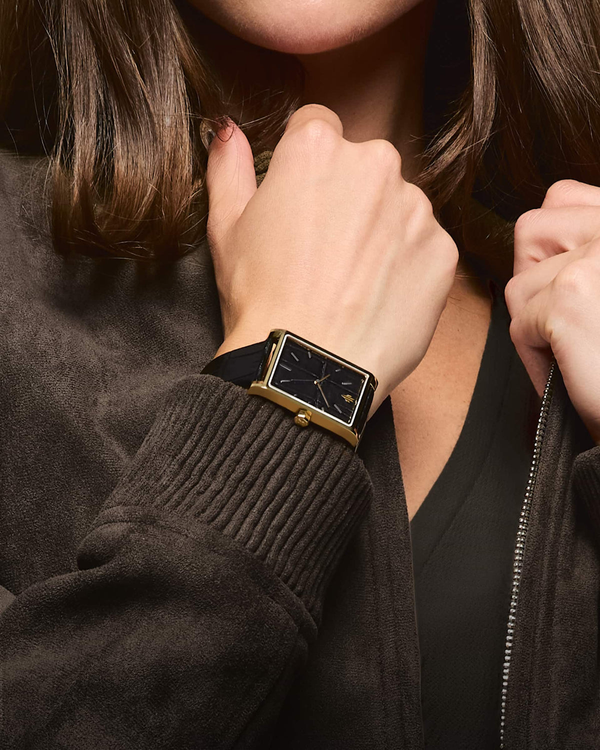 VIEREN Gold Black Croc leather women's gold rectangular watch with brown jacket