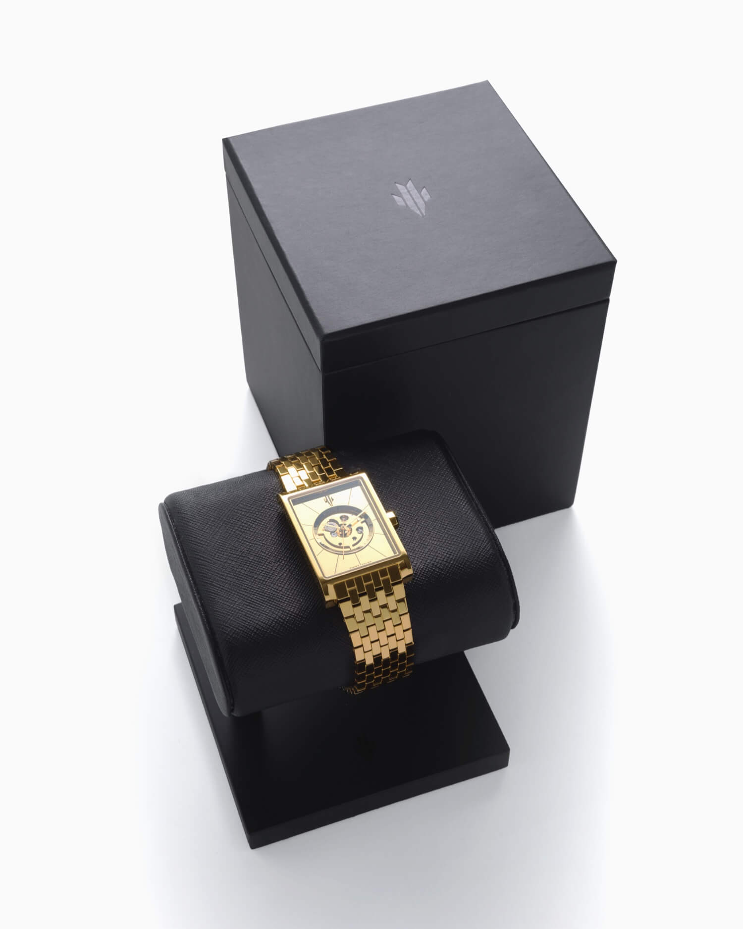VIEREN Gold Mirror rectangular watch with signature box set and display stand packaging