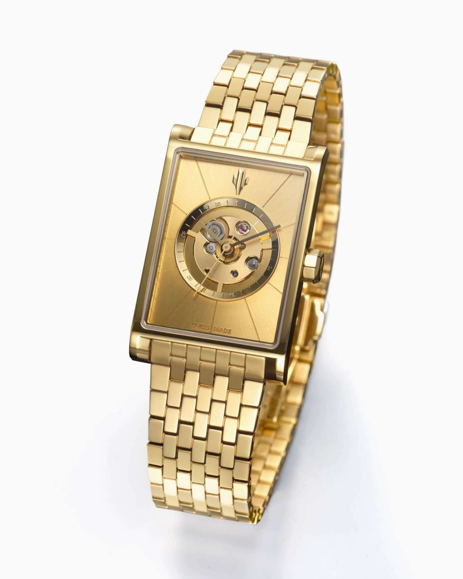 VIEREN Gold Sunray rectangular watch angled view