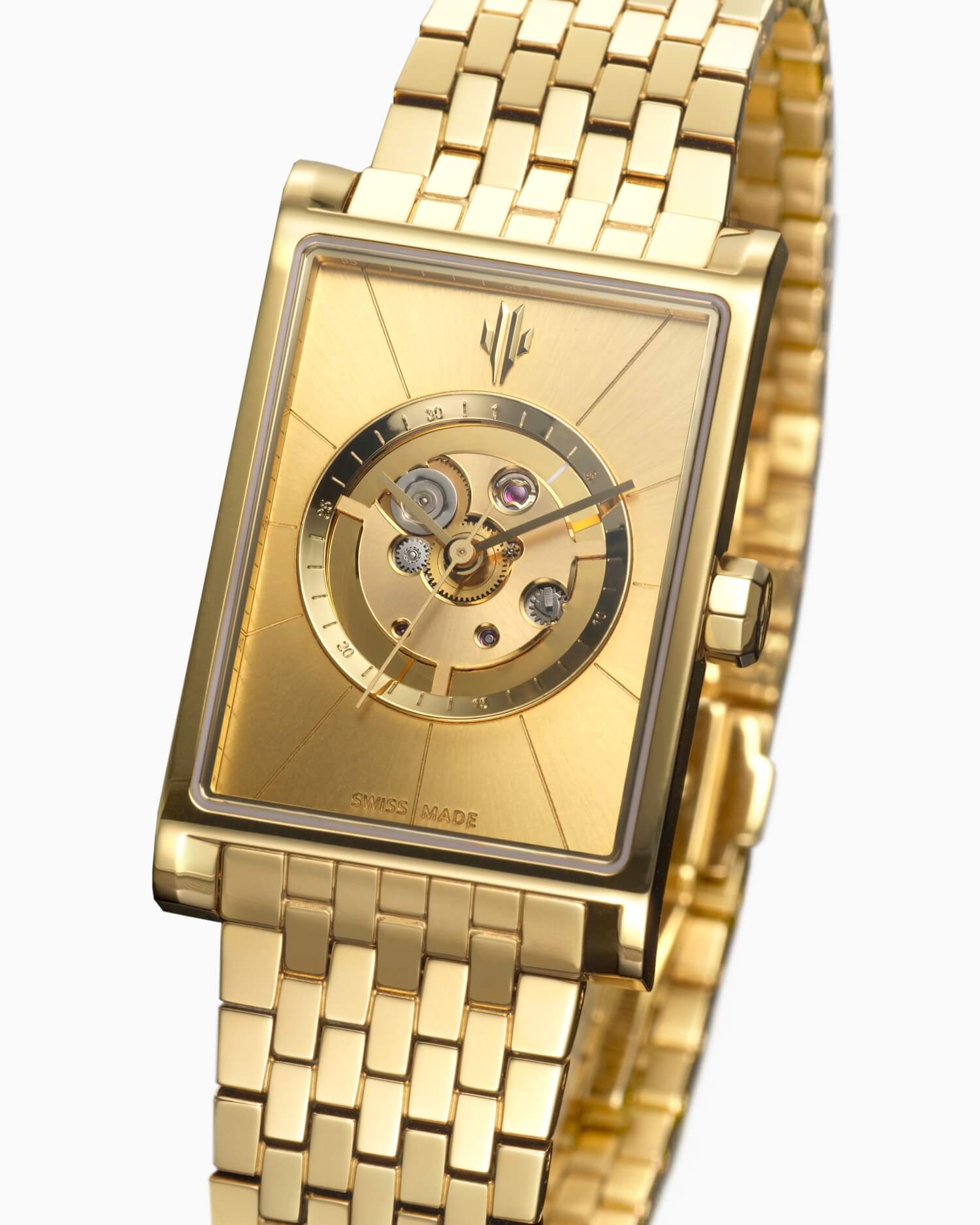 VIEREN Gold Sunray rectangular watch dial with brushed skeleton design and 18K gold rehaut ring