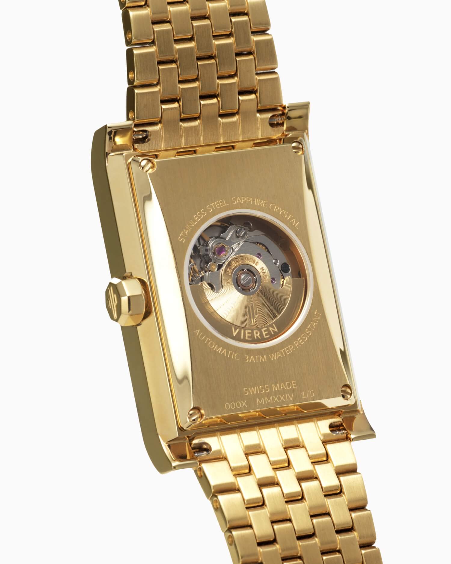 VIEREN Gold Waves rectangular watch caseback revealing Swiss ETA 2671 automatic movement