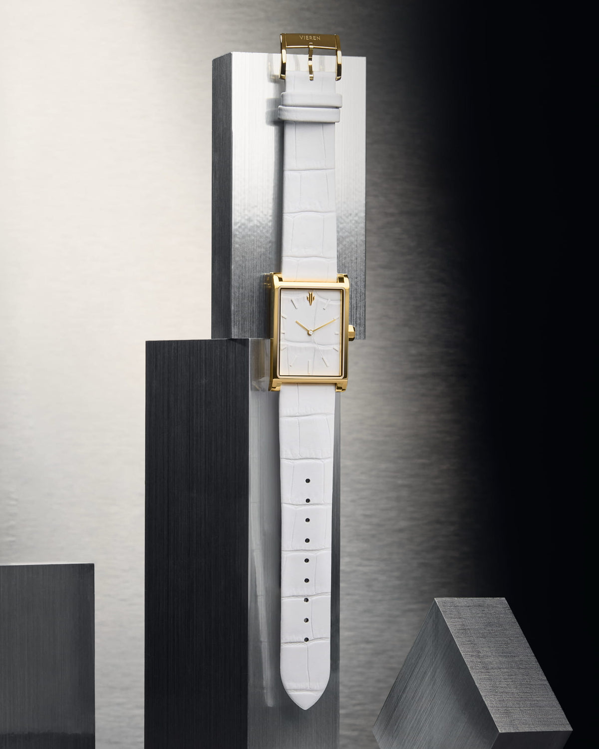 VIEREN Gold White Croc gold rectangular watch with white croc-embossed leather strap and stainless steel blocks