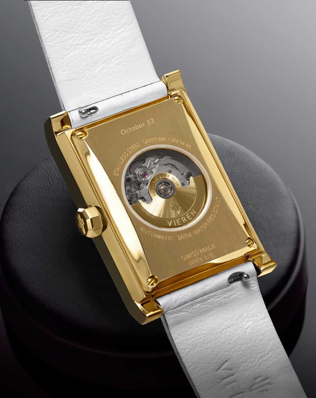 VIEREN Gold White Croc leather rectangular watch caseback with Swiss automatic movement and personalized engraving