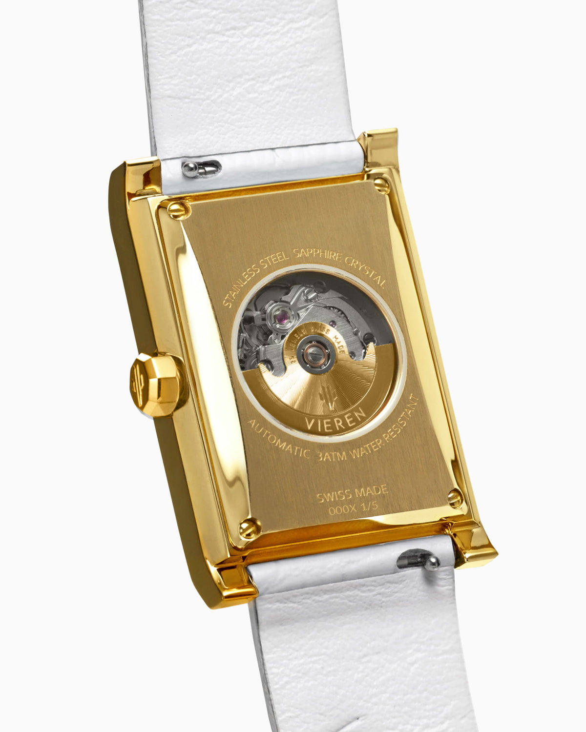 VIEREN Gold White Croc leather gold rectangular watch caseback with Swiss ETA 2671 automatic movement