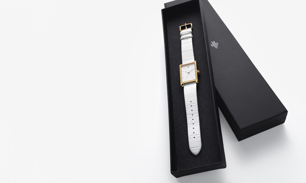 VIEREN Gold White Croc leather gold rectangular watch presented in valet tray and black watch box packaging