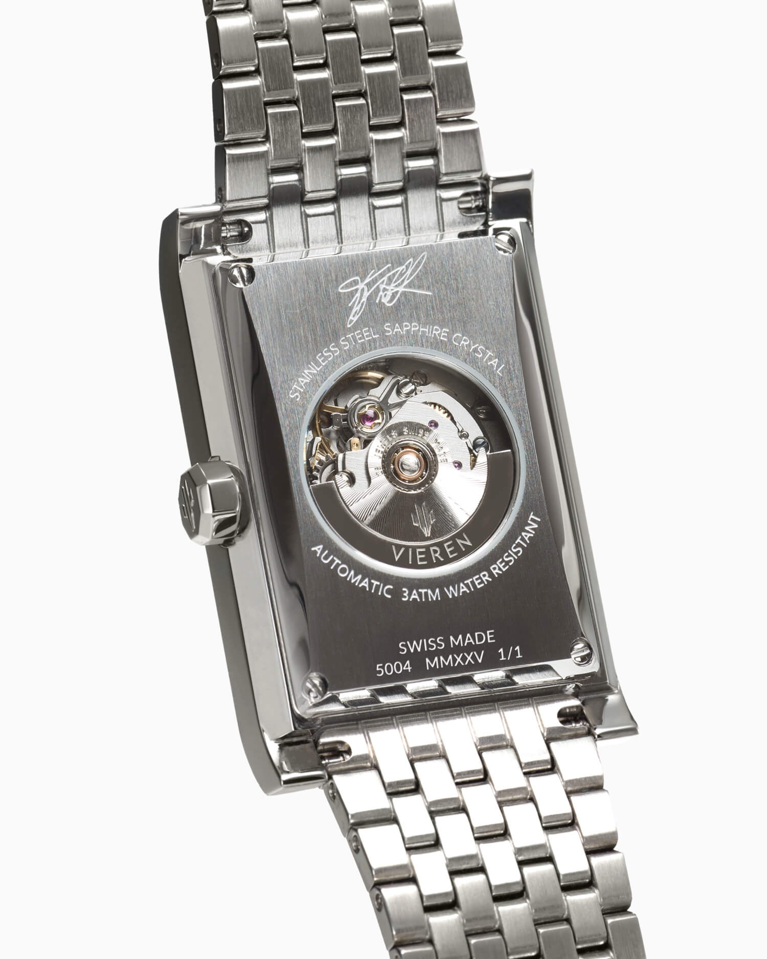 VIEREN x Kelly Violet rectangular watch caseback with engraved artist signature