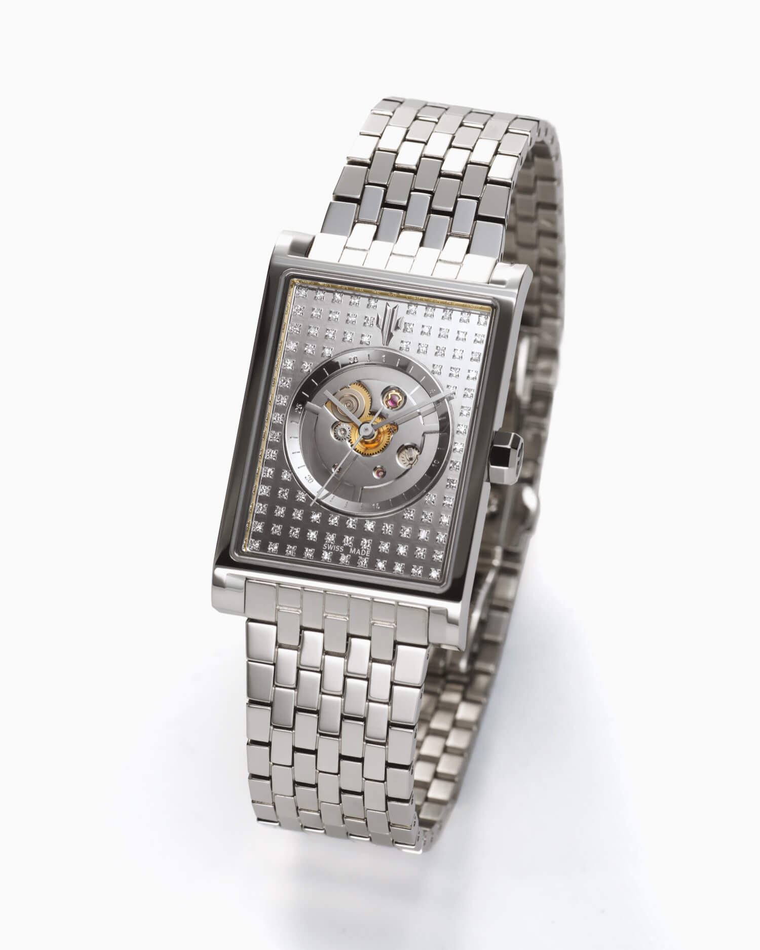 VIEREN Steel Stereo Diamond rectangular watch angled view