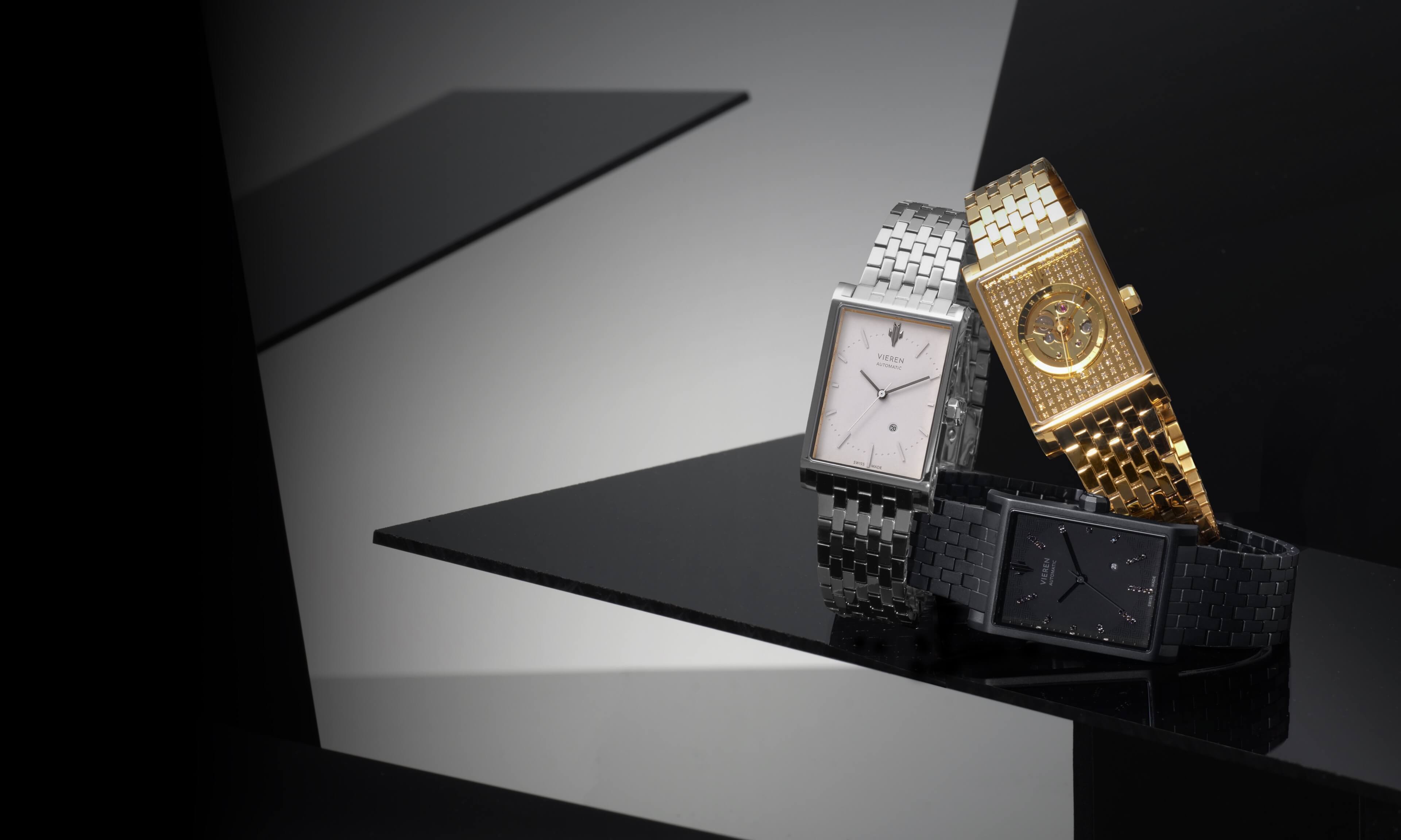 VIEREN rectangular watches in gold, silver, and black finishes