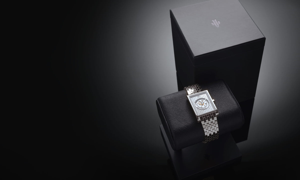 VIEREN Steel Stereo Diamond silver rectangular watch with signature box set and display stand packaging