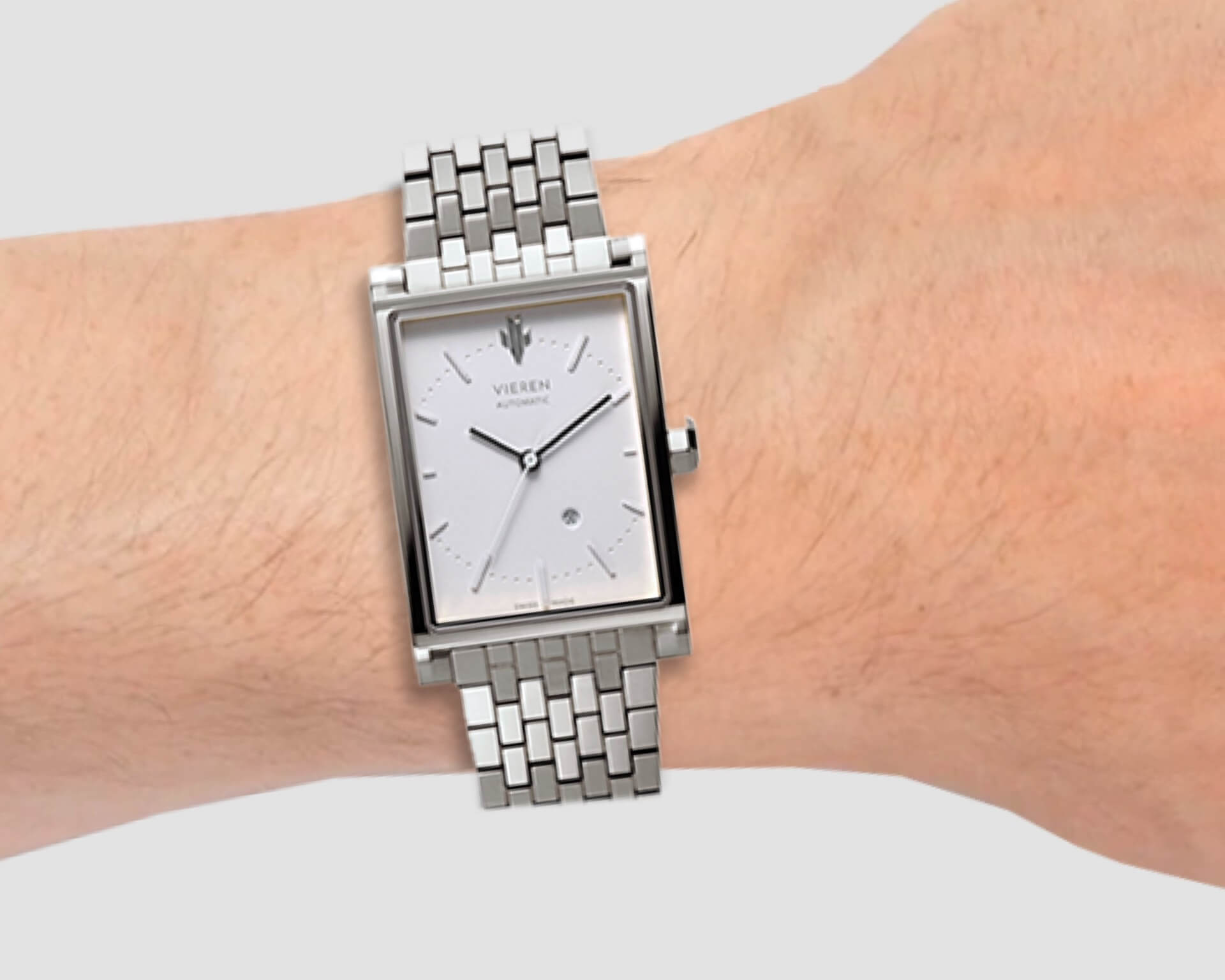 VIEREN silver rectangular watch worn on wrist with 180 mm wrist measurement