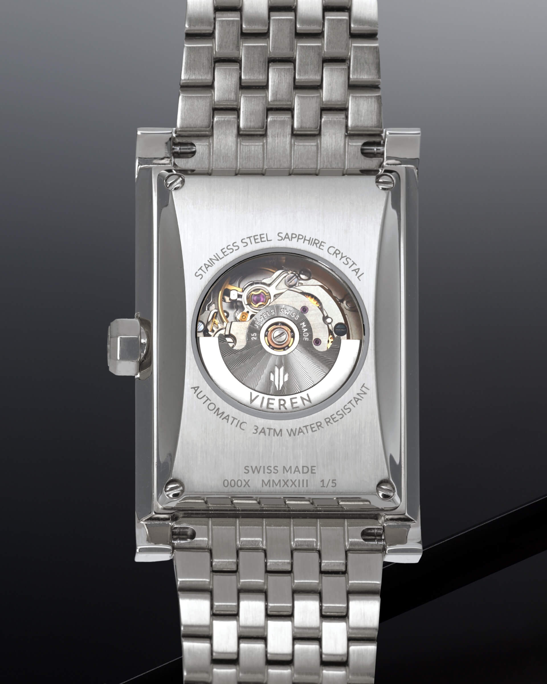 VIEREN Steel Stereo Diamond rectangular watch with Swiss Made ETA 2671 automatic movement, 25 jewels, and 44-hour power reserve