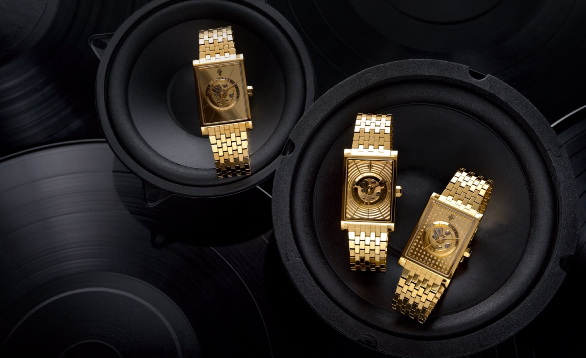 VIEREN Stereo Collection gold rectangular watches inspired by Studio 54 glamour