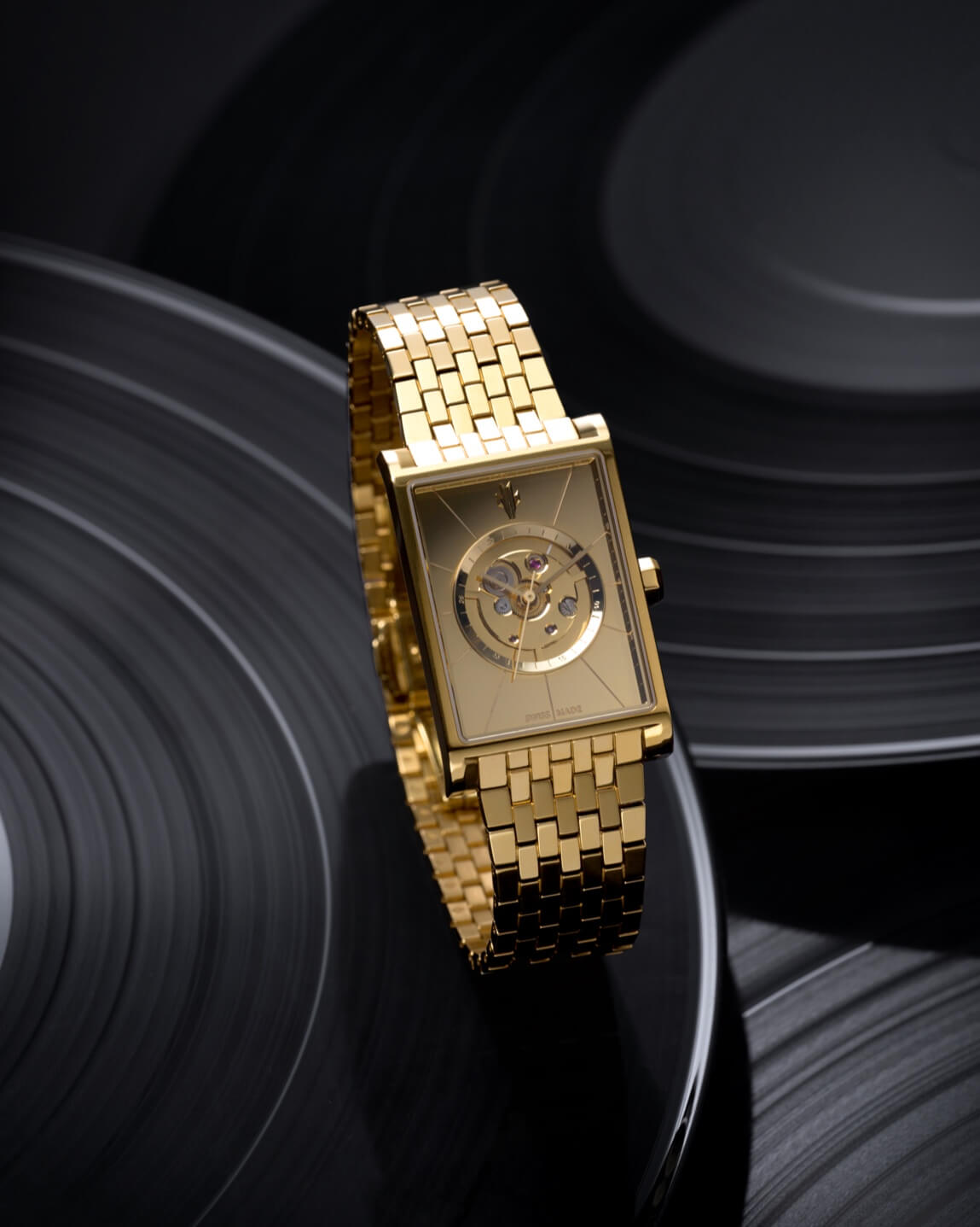 VIEREN Gold Sunray rectangular watch with brushed skeleton dial