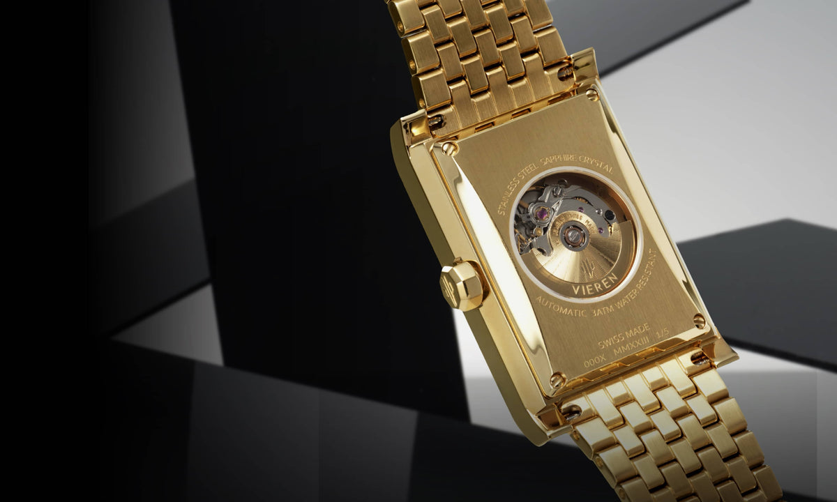 VIEREN gold rectangular watch caseback with Swiss ETA 2671 automatic movement