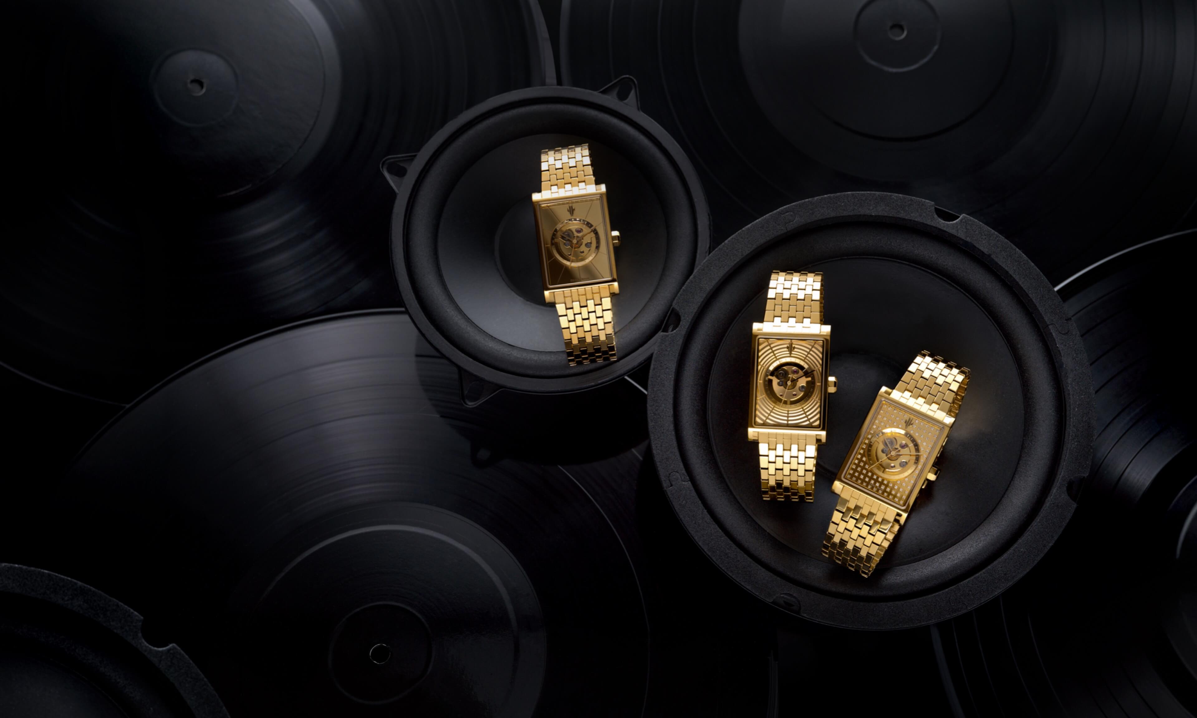 VIEREN Stereo Collection gold rectangular watches with vintage stereo inspiration