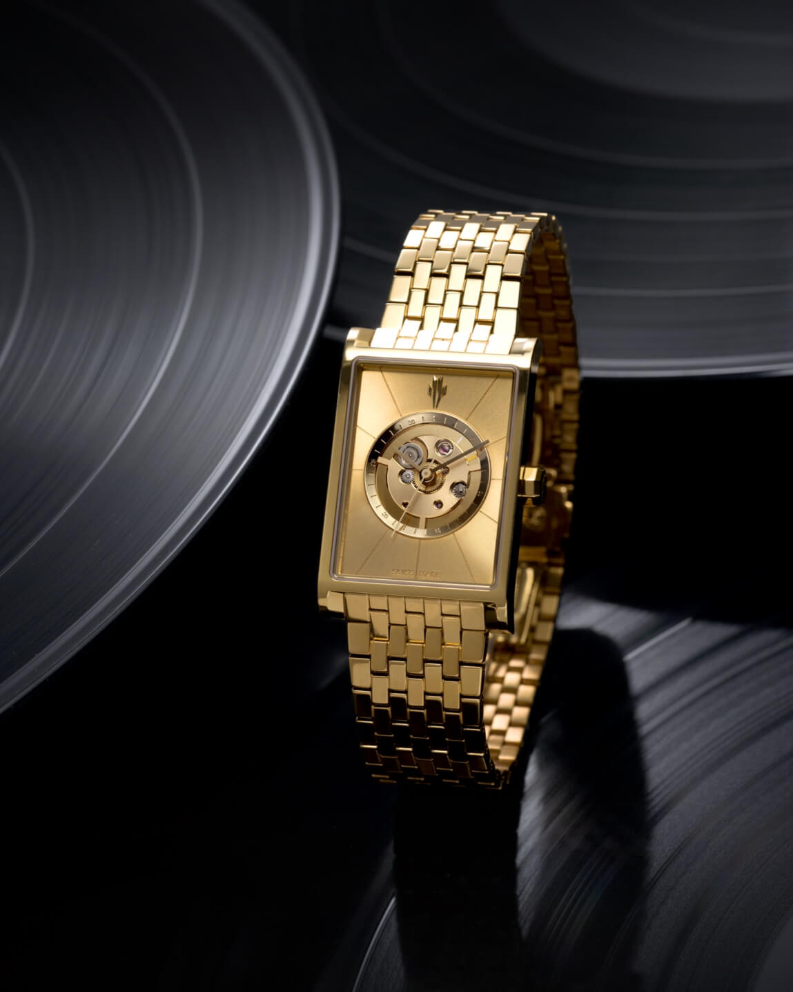 VIEREN Gold Mirror rectangular watch with polished skeleton dial