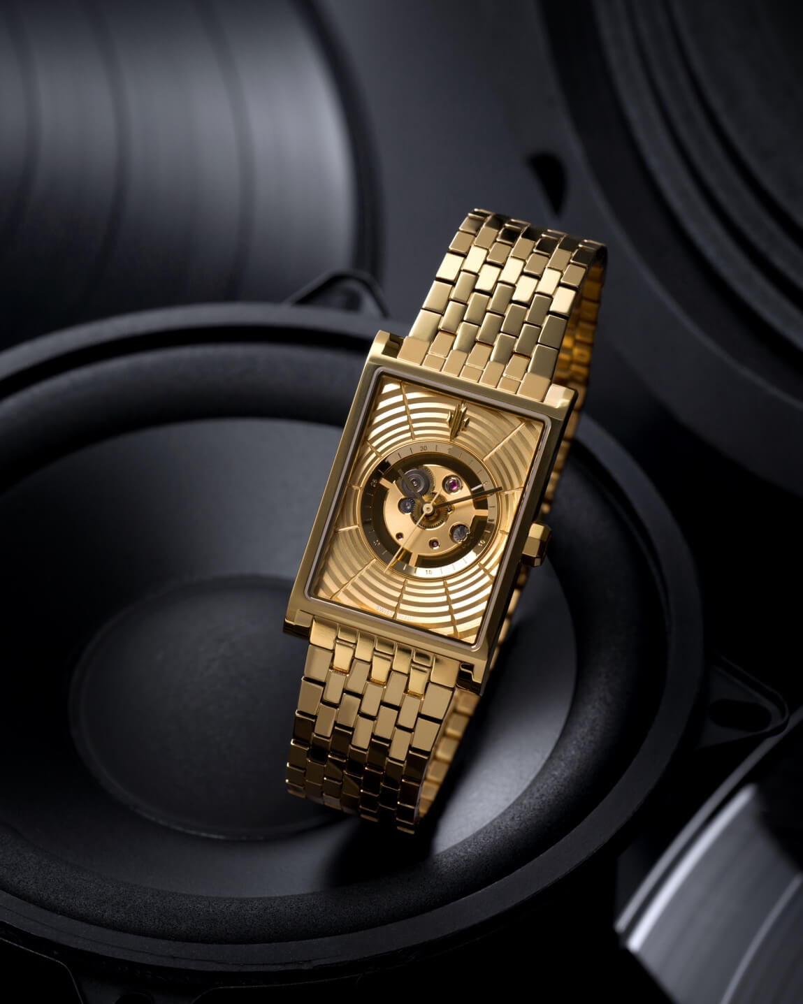 VIEREN Gold Waves rectangular watch with 3D radial skeleton dial
