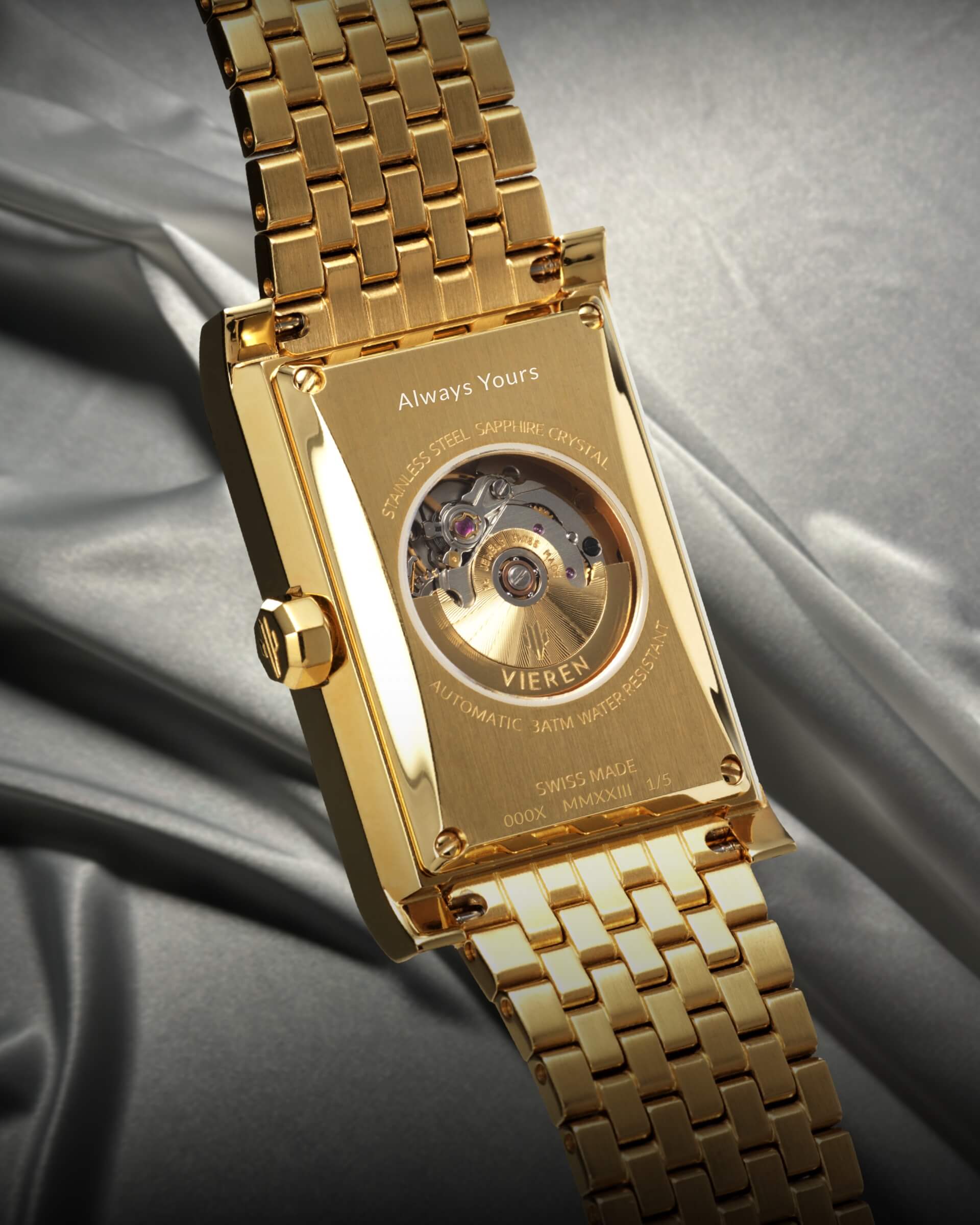 VIEREN Swiss Made automatic rectangular watch with "Always Yours" personalized engraving Valentine's Day gift