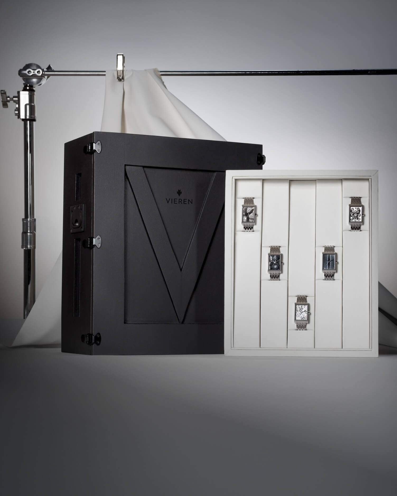 VIEREN V Collectors Set with artist edition watches presented in signature art crate lifestyle setting