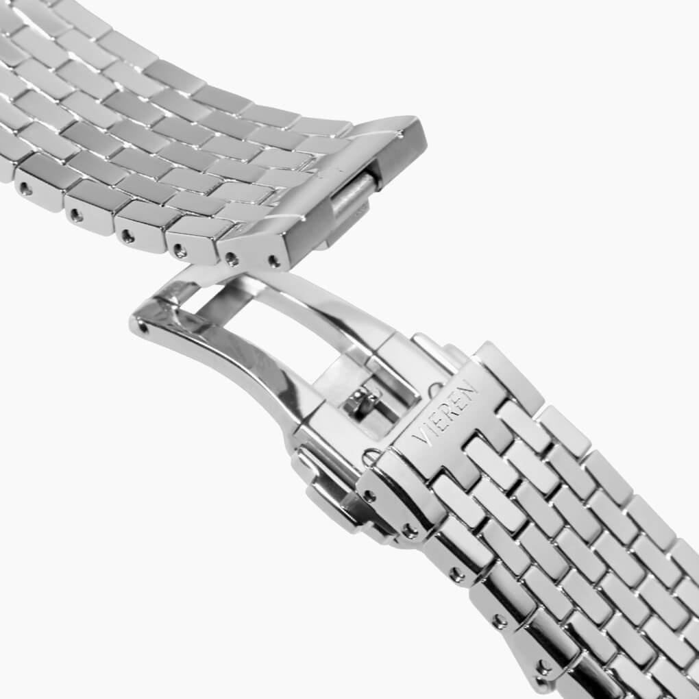 VIEREN White Diamond rectangular watch with seven-row stainless steel bracelet and dual deployment clasp