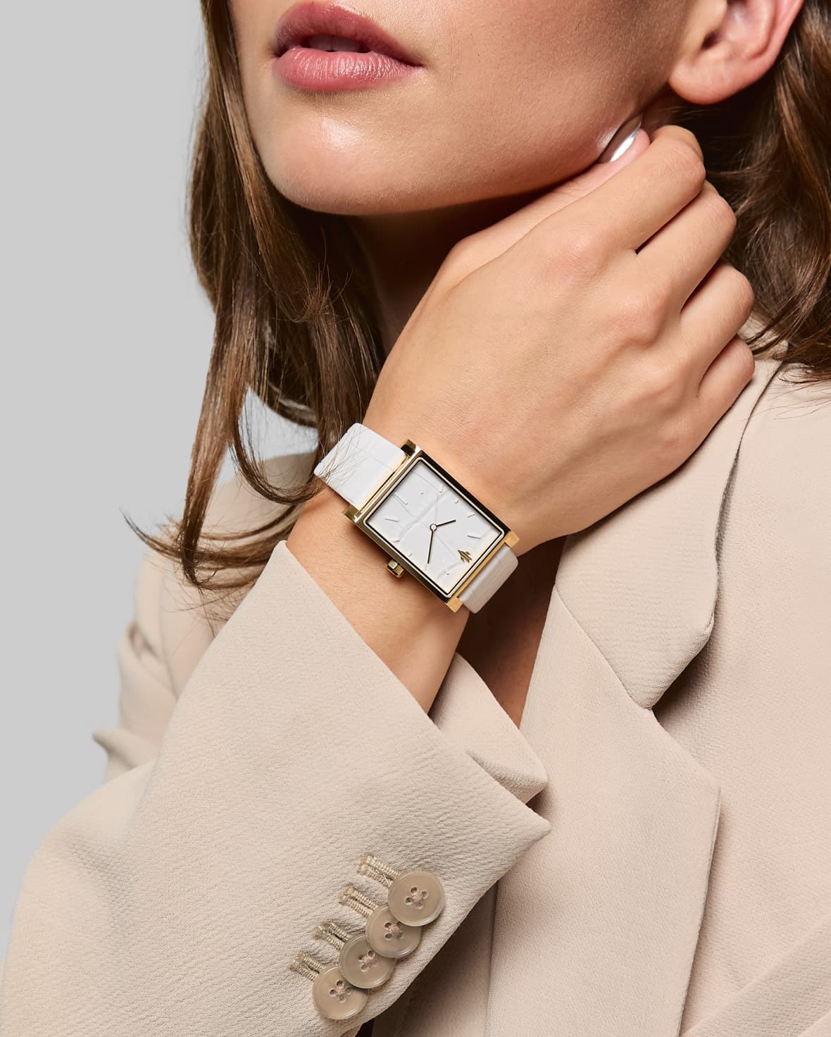 VIEREN Gold White Croc women's leather rectangular watch styled with beige blazer