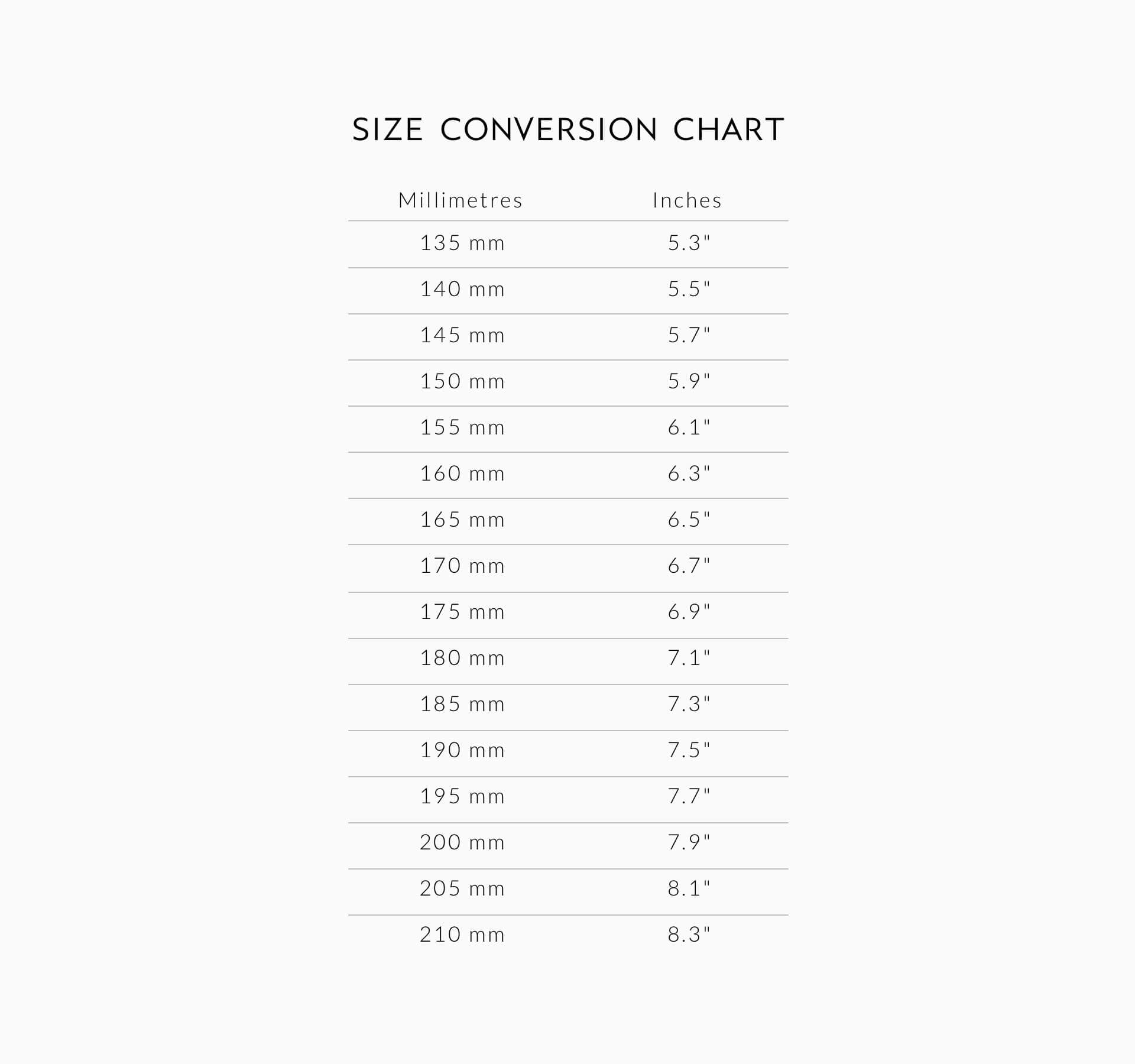 Watch size conversion chart showing millimetres to inches measurements